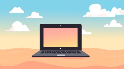 Poster - A minimalist illustration of a laptop against a colorful sky background, symbolizing technology and creativity.