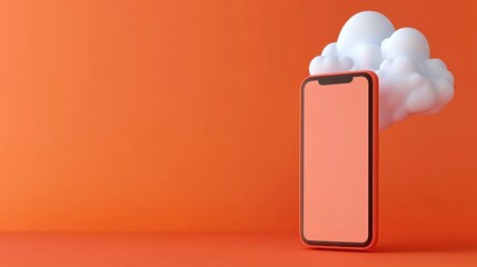 Poster - A smartphone with a blank screen surrounded by a fluffy cloud against an orange background.