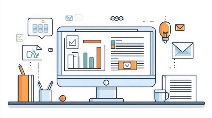 Aufkleber - A digital workspace featuring a computer displaying graphs, emails, and office supplies.