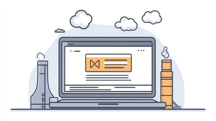 Poster - A laptop displaying a webpage, surrounded by industrial structures and cloud.