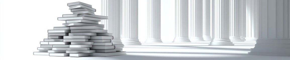 Aufkleber - A stack of white books beside classical columns in a bright, minimalist setting.