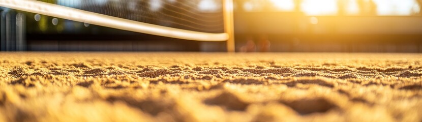 Aufkleber - A close-up view of sandy ground with a tennis net and warm sunlight in the background.