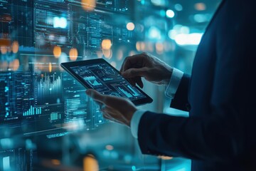 Poster - Business professional using a tablet device to analyze data and statistics while interacting with digital holographic graphs and charts in a modern office environment