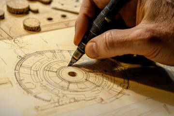 Poster - Detailed Hand Drawing Process on Vintage Technical Blueprint with Complete Focus on Design and Precision in Sketching Mechanical Elements and Components