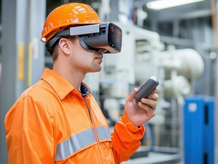 Poster - Industrial Worker Using Virtual Reality Headset in Modern Factory Setting for Training and Simulation Purposes with High-Tech Equipment Nearby