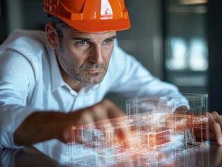 Poster - Engineer Using Digital Blueprint for Construction Project Planning with Focused Expression in Modern Office Environment