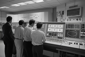 Poster - Group of professionals analyzing data on large control panel in a modern technical facility, focused on various displays and interfaces in a monochrome setting