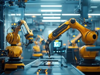 Poster - Advanced Robotic Arms Operating in a High-Tech Manufacturing Facility During Automated Production for Efficient Industrial Processes