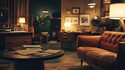 Aufkleber - Cozy retro office space with warm lighting, vintage furniture, and a relaxed ambiance.