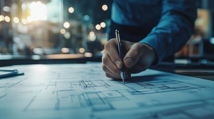 Poster - Close-Up of an Architect's Hand Holding a Pen While Drawing Detailed Blueprints on a Table in a Modern Office with Blurred Background Lights