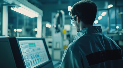 Poster - A Focused Technician in a High-Tech Laboratory Operating Advanced Equipment While Wearing Safety Glasses in a Modern Industrial Environment