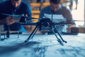 Poster - Close-Up View of a Drone on Blueprints with Engineers Working in Background, Showcasing Innovation and Technology in Modern Design and Development