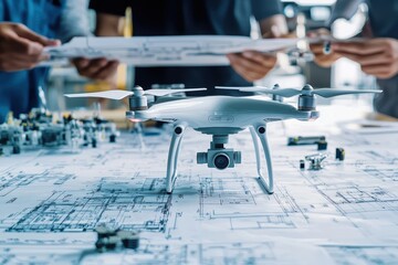 Poster - Aerial Drone Surrounded by Blueprints and Engineers Collaborating on Technology and Design in a Modern Workshop Environment
