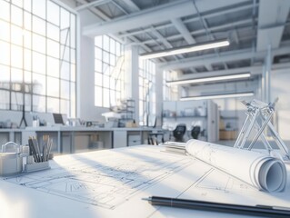 Poster - A Bright and Modern Architectural Office Interior Featuring Blueprints, Drafting Tools, and Abundant Natural Light for Creative Design Inspiration