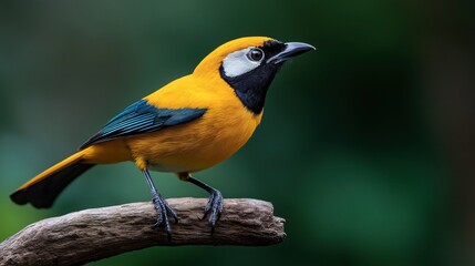 Wall Mural - Close-up of a vibrant yellow and black bird with blue wings perched on a tree branch against a blurred green background.