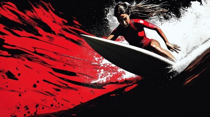 Poster - A dynamic surfer riding a wave with vibrant splashes of red and black.