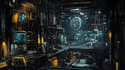 Poster - Futuristic High-Tech Laboratory Interior with Complex Machinery, Screens, and Neon Lights Under Soft Dim Lighting for Sci-Fi Themed Concepts and Designs