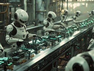 Poster - Advanced Industrial Robots Assembling Technology Components in a Futuristic Factory Environment with Neon Lights and High-Tech Machinery for Innovative Manufacturing