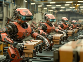 Poster - Advanced robotic systems assembling packages in a high-tech factory setting, showcasing innovation in automation and futuristic engineering designed for efficiency