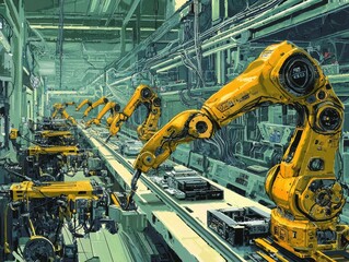 Poster - Futuristic Robotics in Manufacturing: Yellow Robotic Arms Assemble Electronics Components in a High-Tech Factory Setting