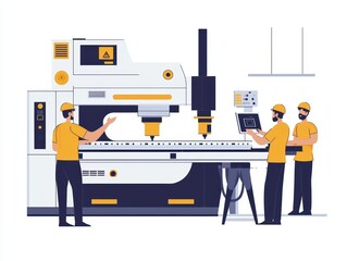 Poster - Skilled Workers Operating Advanced Machinery in a Modern Manufacturing Setting with Safety Gear and Technology Integration in a Professional Environment
