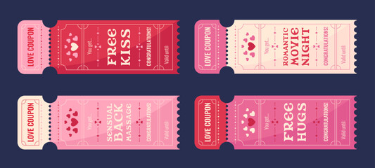 Poster - Love coupons and tickets with romantic interactions winning. Valentine's Day graphic decorative elements, cards and cute game. Vector illustration.