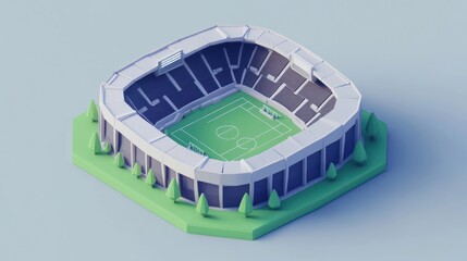 Aufkleber - A 3D model of a soccer stadium with a green field and surrounding trees.