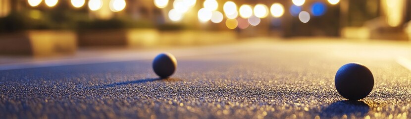Poster - Two black balls on a textured surface, illuminated by soft lights in the background.
