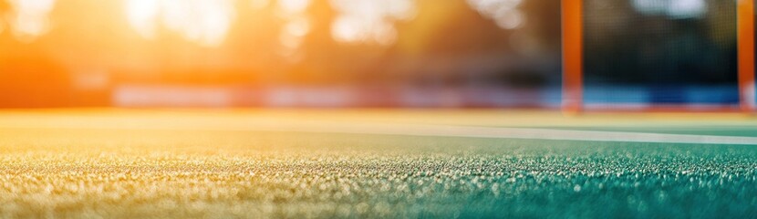 Poster - A close-up view of a sports field with goalposts during sunset.