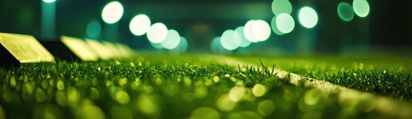 Poster - A close-up view of a grassy sports field illuminated by soft lights at night.