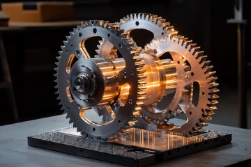 Poster - Intricate Mechanical Gear System with Illuminated Components Showcasing Engineering Precision and Modern Design in a Dark Studio Setting