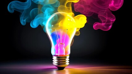 Wall Mural - lightbulb idea concept with colorful liquidof splashing unique creative idea on black background, ge