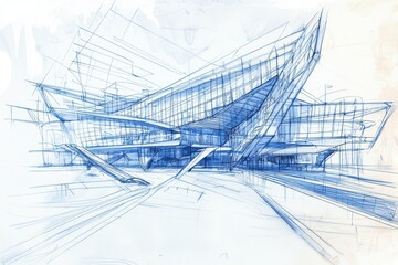 Poster - Abstract Architectural Design Sketch Featuring Modern Building with Dynamic Angles and Innovative Structures, Perfect for Conceptual Art and Design Representation