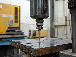 Poster - Close-up of Precision Milling Drill Bit in a Workshop Setting, Showcasing Metal Workpiece on a Machine Table with Industrial Background Elements