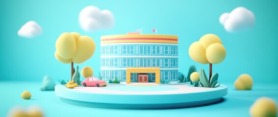 Poster - A colorful, stylized illustration of a building surrounded by trees and a car.