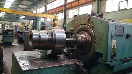 Poster - Industrial machinery in action showcasing precision metalworking processes in an open factory environment with tools and equipment for manufacturing parts safety