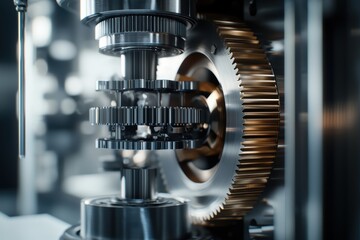Poster - Close-Up View of Intricate Mechanical Gears and Cogs in a Machine, Highlighting Precision Engineering and Modern Manufacturing Techniques