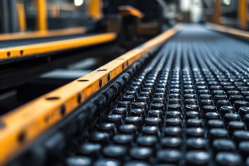 Poster - Close-Up Perspective of Industrial Conveyor Belt with Glossy Bottles in Manufacturing Facility, Highlighting Automation and Production Efficiency