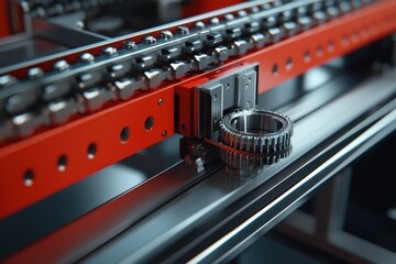Poster - Close-up of Precision Engineering with Mechanical Gears and Linear Motion System in Modern Manufacturing Environment for Industrial Applications