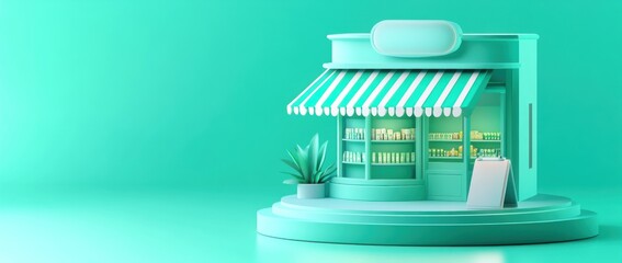 Aufkleber - A stylized storefront with a teal color scheme and striped awning.