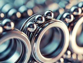 Poster - Close-Up View of Shiny Metallic Rings with Spheres Interspersed, Highlighting the Intricacies of Modern Industrial Design and Engineering Precision