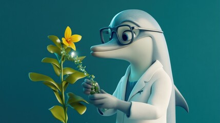 Poster - A cartoon dolphin in a lab coat examines a plant with a flower, showcasing curiosity and science.