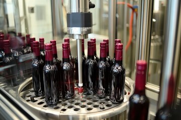Poster - High-tech winery production line showcasing automated filling process of wine bottles in a modern facility designed for efficiency and quality control.