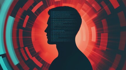 Poster - Cyberbullying Protection Concept, Conceptual Art of Human Silhouette Surrounded by Abstract Elements, Representing the Intersection of Technology and Humanity in a Modern Visual Context