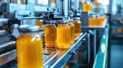 Poster - Industrial Beverage Production Line with Glass Jars Filled with Bright Orange Liquid in Modern Factory Setting, Showcasing Automated Bottling Process and Quality Control