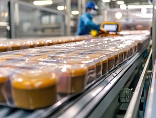 Poster - Efficient Food Production in a Modern Factory with Workers Packaging and Preparing Products on a Conveyor Belt in a Clean Environment