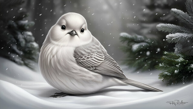 Happy Christmas, Christmas Bird Art Drawing, Black and White, Generative Ai