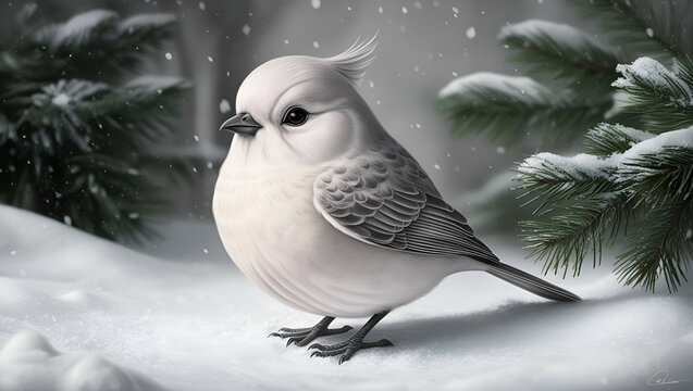 Happy Christmas, Christmas Bird Art Drawing, Black and White, Generative Ai