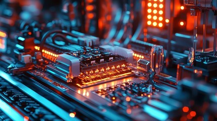 Poster - Close-Up View of a High-Tech Circuit Board with LED Lights, Wires, and Components, Demonstrating Advanced Technology and Modern Electronics in a Vibrant Atmosphere
