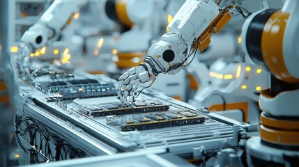 Poster - Advanced Robotic Arm Assembling Technology on a High-Tech Production Line in a Modern Factory Environment with Enhanced Automation and Precision